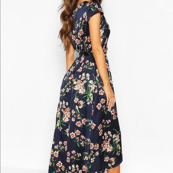 Boohoo Cap Sleeve Tie Waist Floral Hi-Lo Dress Navy Size 4 NWT - Picture 3 of 15